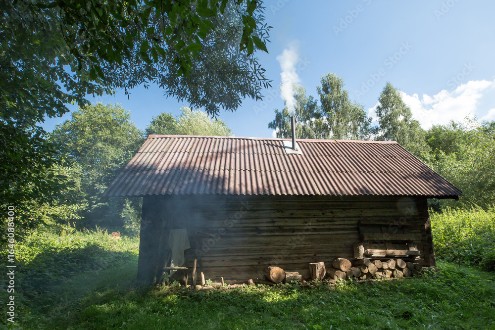 Fototapeta premium A bathhouse located in a forest clearing. The walls are made of logs, and the roof is covered with old slate. Smoke comes out of the chimney sticking out of the roof.