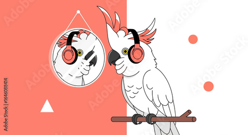 Cockatoo Relaxing With Headphones Perched On A Branch Looking In Mirror