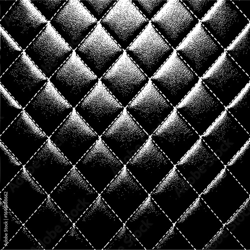 Black quilted leather texture background with diamond pattern and white stitching design for upholstery material