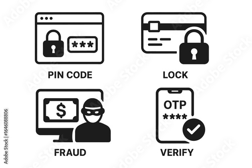 Security and fraud prevention icons: pin code, lock, otp, fraud