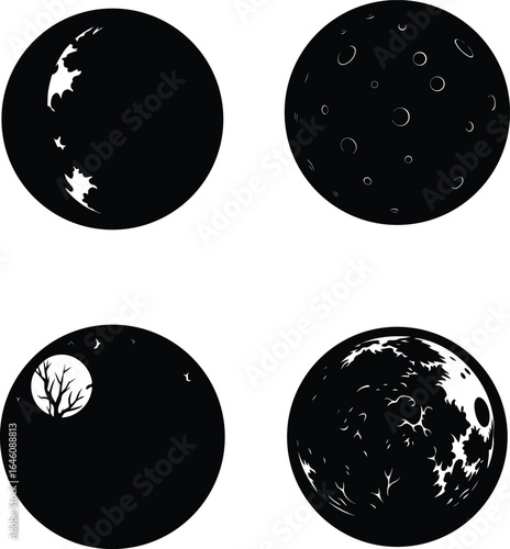 Spooky moon silhouette vector illustration black halloween artboard