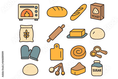 Collection of baking icons including oven, bread, and yeast ingredients