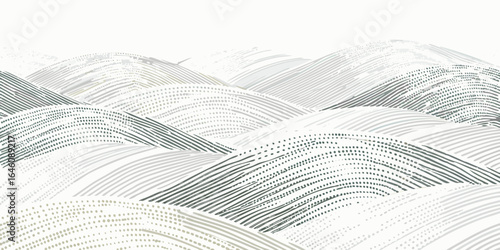 Abstract landscape of rolling hills with textured lines and dots