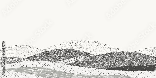 Minimalist ink drawing of rolling hills and a river