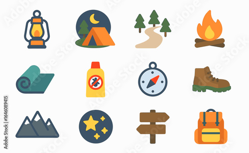 Camping equipment icons set with tent, campfire, compass, and hiking boots