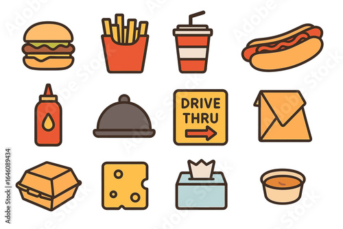 Fast food icons: burgers, fries, hotdog, beverage, sauce, cheese, takeout