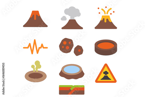 Volcano and seismic icon set featuring eruption, lava, and earthquake symbols