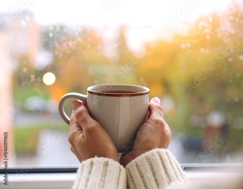 Woman's hands holding a mug of tea or coffee near a window, with an autumn-colored blurred background.