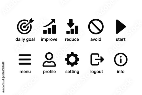 Essential ui icons for daily tasks: goal, menu, profile, logout, more