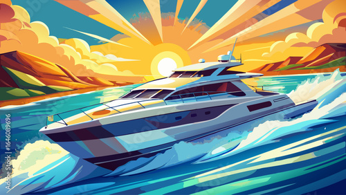 A luxury private yacht glides across the shimmering sea, its sleek motor vessel design cutting gracefully through waves beneath the golden summer sun, promising an unforgettable vacation on azure wate