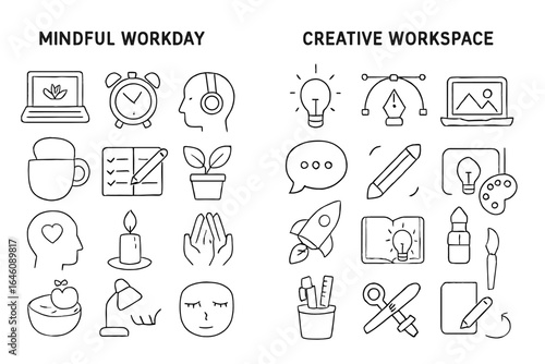 Mindful workday vs creative workspace: innovate and balance with icons