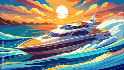 A luxury private yacht glides across the shimmering sea, its sleek motor vessel design cutting gracefully through waves beneath the golden summer sun, promising an unforgettable vacation on azure wate