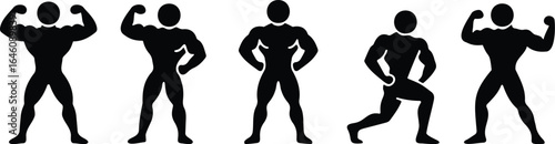 Stickman bodybuilding and fitness workout silhouettes showing strong poses, flexing muscles, and strength training stances
