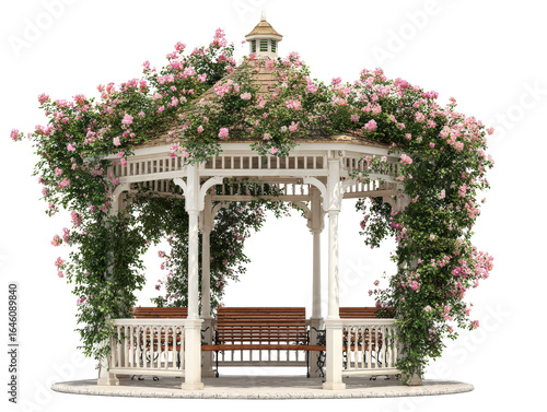 Elegant white octagonal gazebo with a cupola adorned with lush pink climbing roses and wooden benches.
