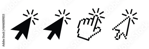 Vector art of selection of computer mouse cursors and pointers, including arrow cursors and hand cursors, used for clicking and selecting items isolated on white background