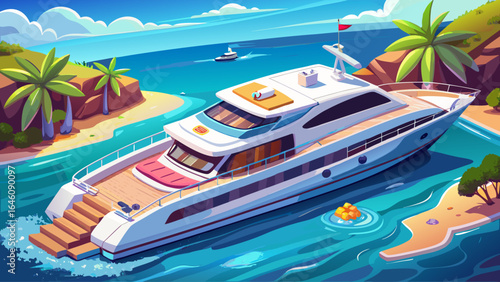 A luxury private yacht glides across the shimmering sea, its sleek motor vessel design cutting gracefully through waves beneath the golden summer sun, promising an unforgettable vacation on azure wate