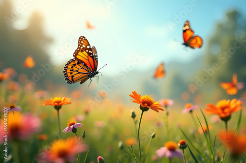 Butterflies and Flowers in a Serene Meadow