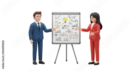 Two 3d cartoon style  business people standing near a flip chart and brainstorming.plain white background