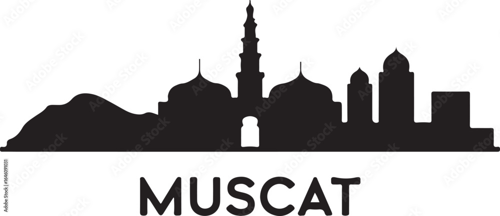 Fototapeta premium Muscat skyline horizontal banner Oman cityscape vector black on whiteMuscat skyline horizontal banner Oman cityscape vector black on white