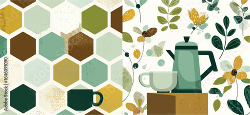 Elegant Coffee Still Life with Hexagon Pattern and Floral Motifs A Modern Artistic Composition for Home Decor and Backgrounds Featuring Earth Tones and Geometric Shapes