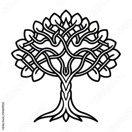 Intricate celtic knotwork tree of life symbol with stylized leaves and roots