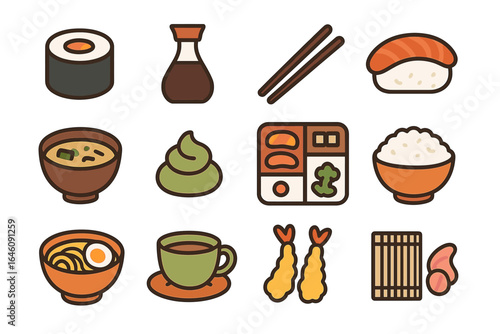 Assorted japanese food icons: sushi, ramen, tempura, and more in simple style