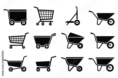 Vector art of diverse set of wheelbarrow and shopping cart illustrations isolated on white background, presenting various designs for transporting goods in retail and construction settings