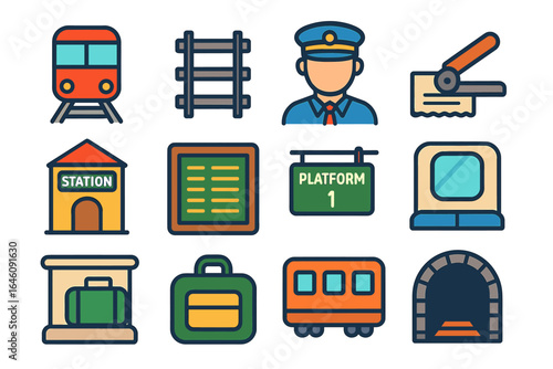 Colorful train and station icons featuring conductor and railway elements