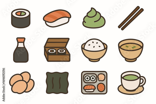 Colorful sushi icons including roll, nigiri, wasabi, chopsticks, and tea