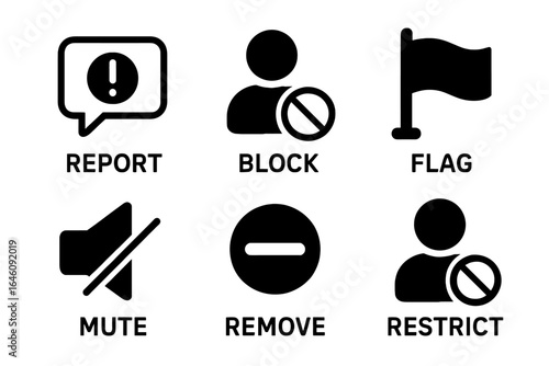 Set of social media action icons: report, block, flag, mute, remove, restrict