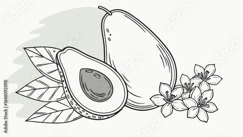 minimalist avocado line art with botanical leaves and flowers black and white illustration design and isolated on white background.