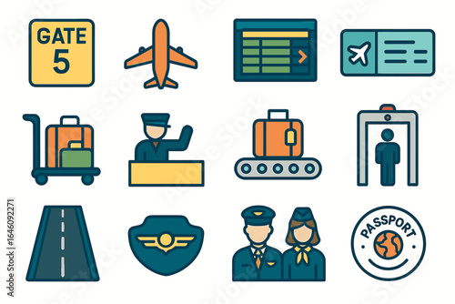 Illustrated airport icons featuring travel elements such as plane, boarding pass, luggage, and passport