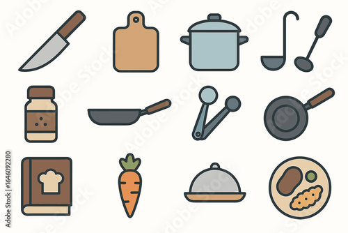 Collection of kitchen utensils and food ingredients for cooking enthusiasts