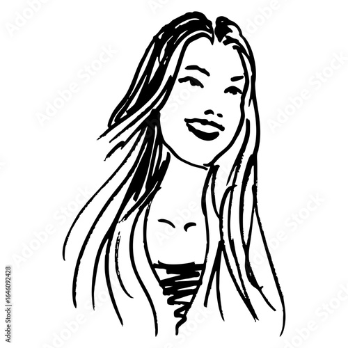 Portrait of a smiling pretty young girl with long loose blond hair. Hand drawn linear doodle rough sketch. Black and white silhouette.