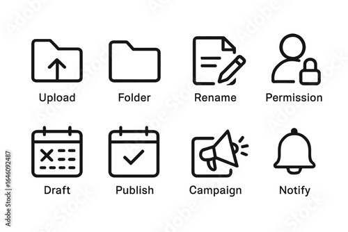 Set of eight simple file management and notification icons