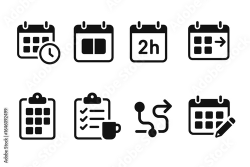 Set of calendar and planner icons with clocks, checklists, and pencil