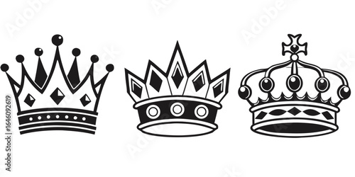 three distinct black and white illustrations of royal crowns in varying styles isolated on white background.