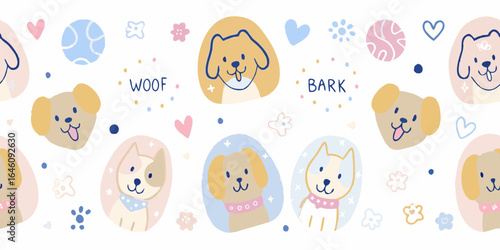 Cute kawaii dog faces and paw prints border