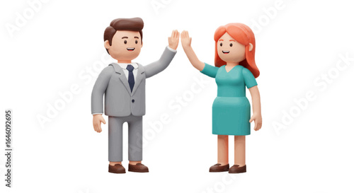 Two 3d cartoon style business partners giving each other a high five after success. plain white background
