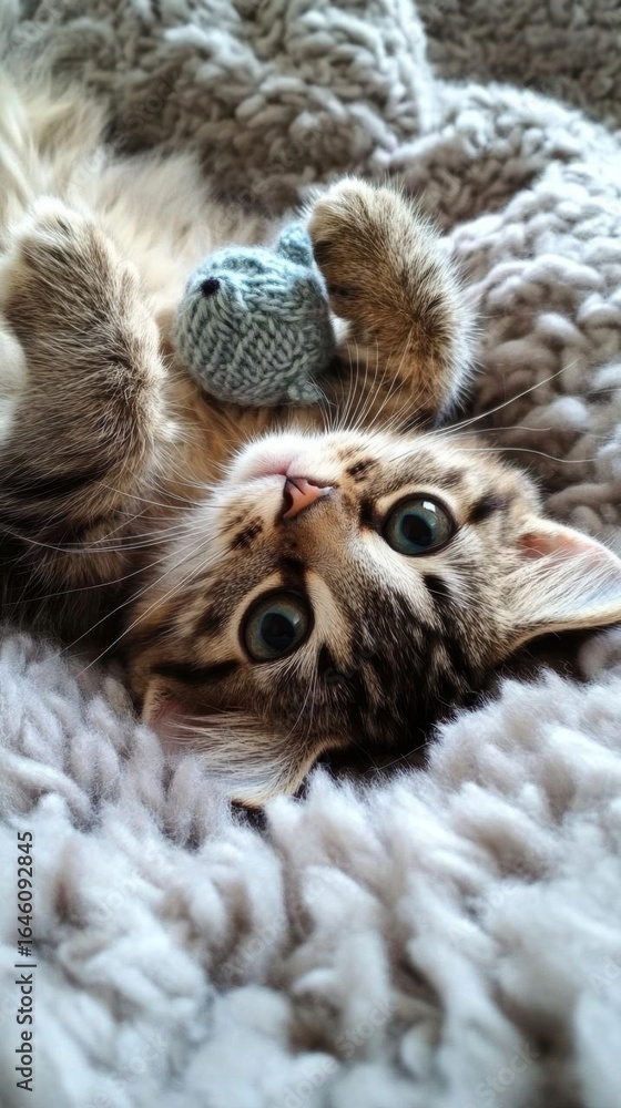 Obraz premium Adorable Kitten Cuddling Knitted Toy on Fluffy Blanket
