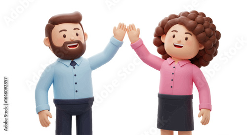 Two 3d cartoon style business partners giving each other a high five after success. 
