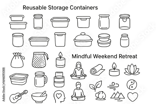 Eco-friendly storage solutions and mindfulness retreat icon set
