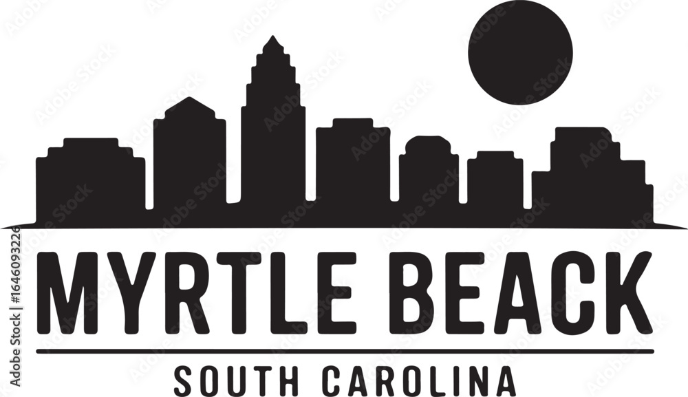 Fototapeta premium Myrtle Beach skyline horizontal banner South Carolina cityscape vector black on white