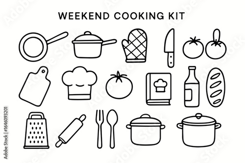 Weekend cooking kit: kitchen tools and ingredients outline icons set
