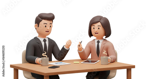 Two 3d people in a business meeting with coffee cups on the table. plain white background