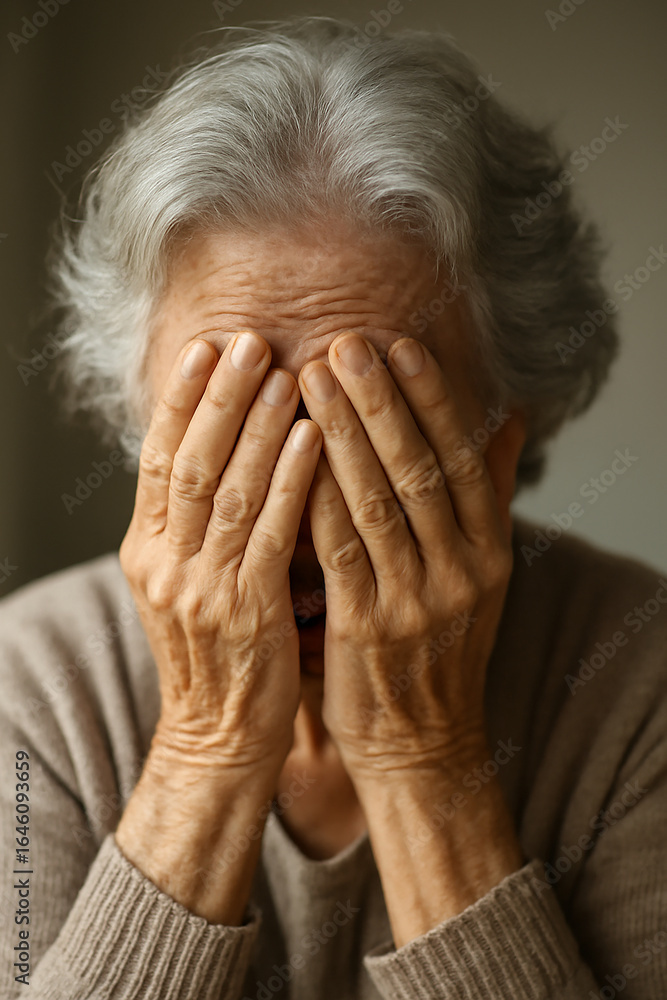 Fototapeta premium Donna anziana con capelli bianchi che si copre il viso con le mani.