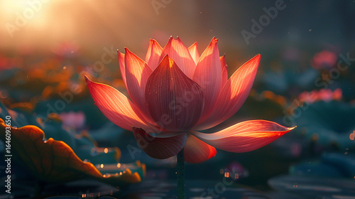 A solitary lotus flower opening at dawn