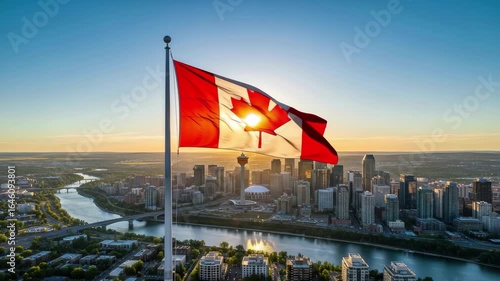 Canadian flag waving above Calgary skyline at sunrise with Bow River and iconic city landmarks, 4k