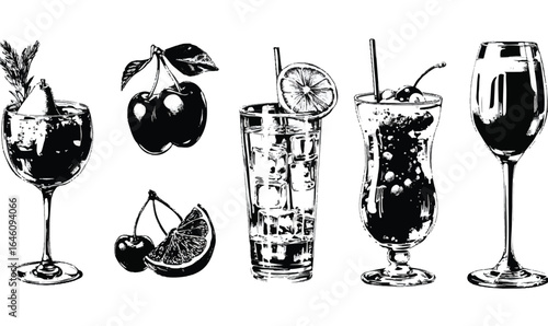 Elegant Hand Drawn Cocktails and Fruit Illustrations for Bar Menu and Summer Refreshments Featuring Various Drinks in Glassware Cherries Lemon and Pear with a White Background