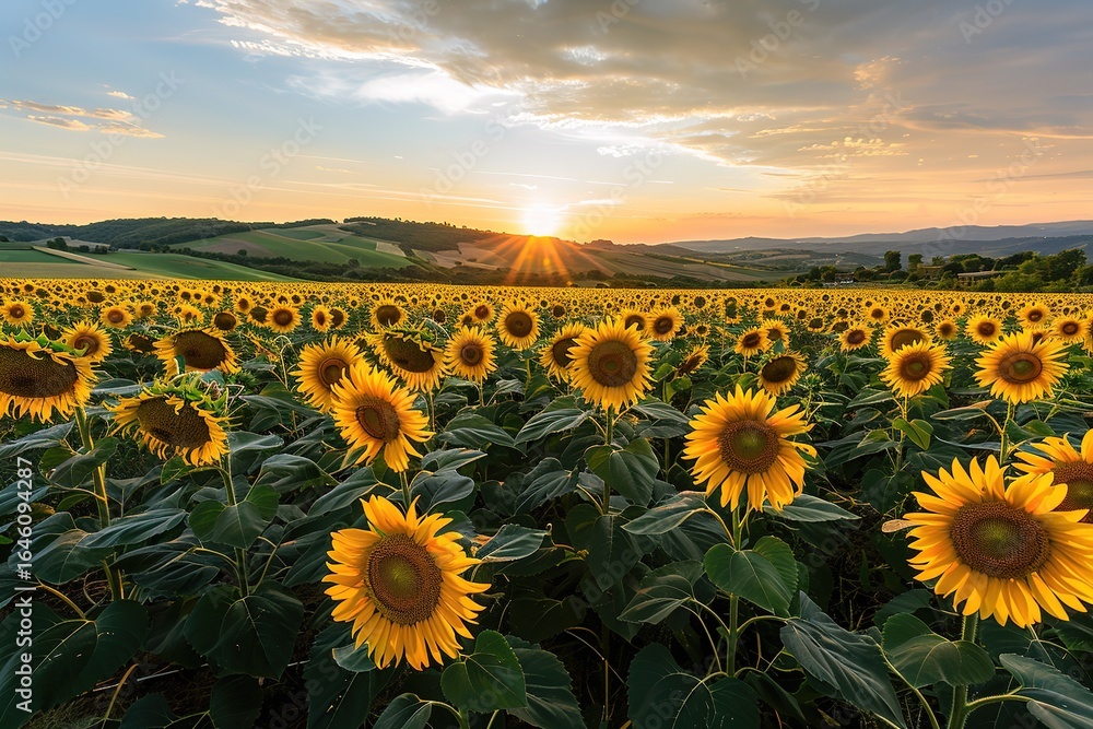 Fototapeta premium Sunflowers sunset rolling hills landscape